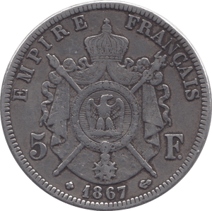 1867 SILVER 5 FRANCS FRANCE - SILVER WORLD COINS - Cambridgeshire Coins