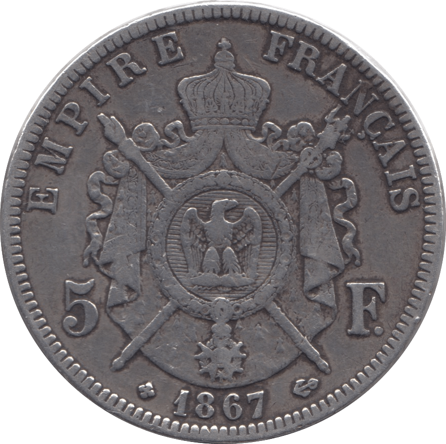 1867 SILVER 5 FRANCS FRANCE - SILVER WORLD COINS - Cambridgeshire Coins