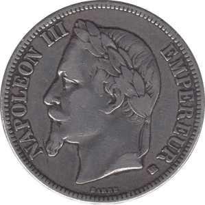 1867 SILVER 5 FRANCS FRANCE - SILVER WORLD COINS - Cambridgeshire Coins