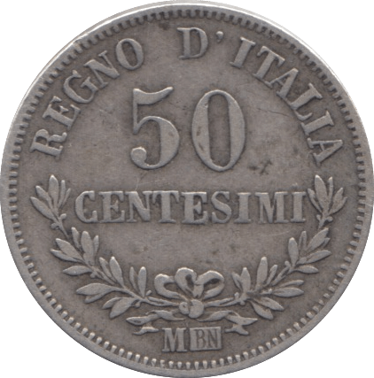 1867 SILVER 50 CENTESIMI ITALY - SILVER WORLD COINS - Cambridgeshire Coins