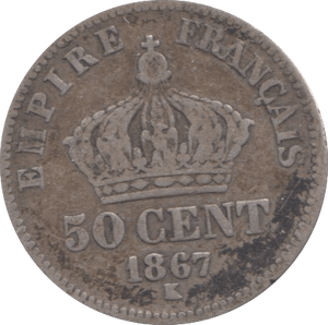 1867 SILVER 50 CENTS FRANCE - SILVER WORLD COINS - Cambridgeshire Coins
