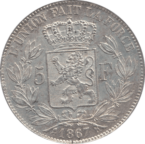 1867 SILVER BELGIUM 5 FRANCS. VERY HIGH GRADE - SILVER WORLD COINS - Cambridgeshire Coins