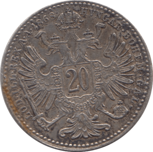 1868 AUSTRIA SILVER 20 KREUZER - SILVER WORLD COINS - Cambridgeshire Coins