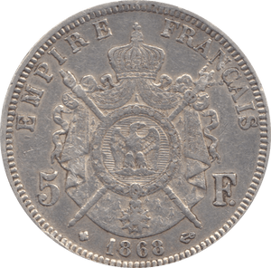 1868 FRENCH SILVER 5 FRANC - SILVER WORLD COINS - Cambridgeshire Coins