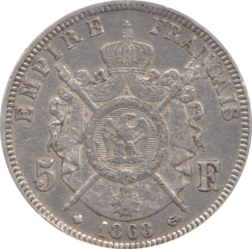 1868 FRENCH SILVER 5 FRANC - SILVER WORLD COINS - Cambridgeshire Coins