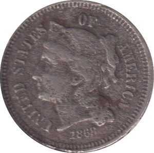 1868 SILVER 3 CENT USA - SILVER WORLD COINS - Cambridgeshire Coins