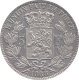 1868 SILVER BELGIUM 5 FRANCS - SILVER WORLD COINS - Cambridgeshire Coins