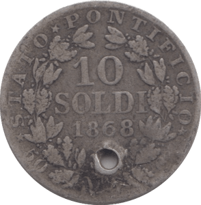 1868 SILVER ITALY PAPAL STATES 10 SOLDI HOLED - SILVER WORLD COINS - Cambridgeshire Coins