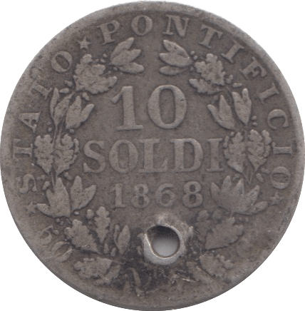 1868 SILVER ITALY PAPAL STATES 10 SOLDI HOLED - SILVER WORLD COINS - Cambridgeshire Coins