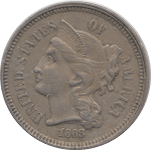 1868 THREE CENTS USA - SILVER WORLD COINS - Cambridgeshire Coins