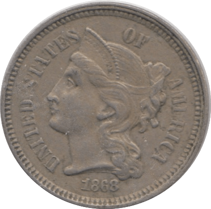 1868 THREE CENTS USA - SILVER WORLD COINS - Cambridgeshire Coins