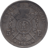 1869 SILVER 5 FRANC FRANCE - SILVER WORLD COINS - Cambridgeshire Coins