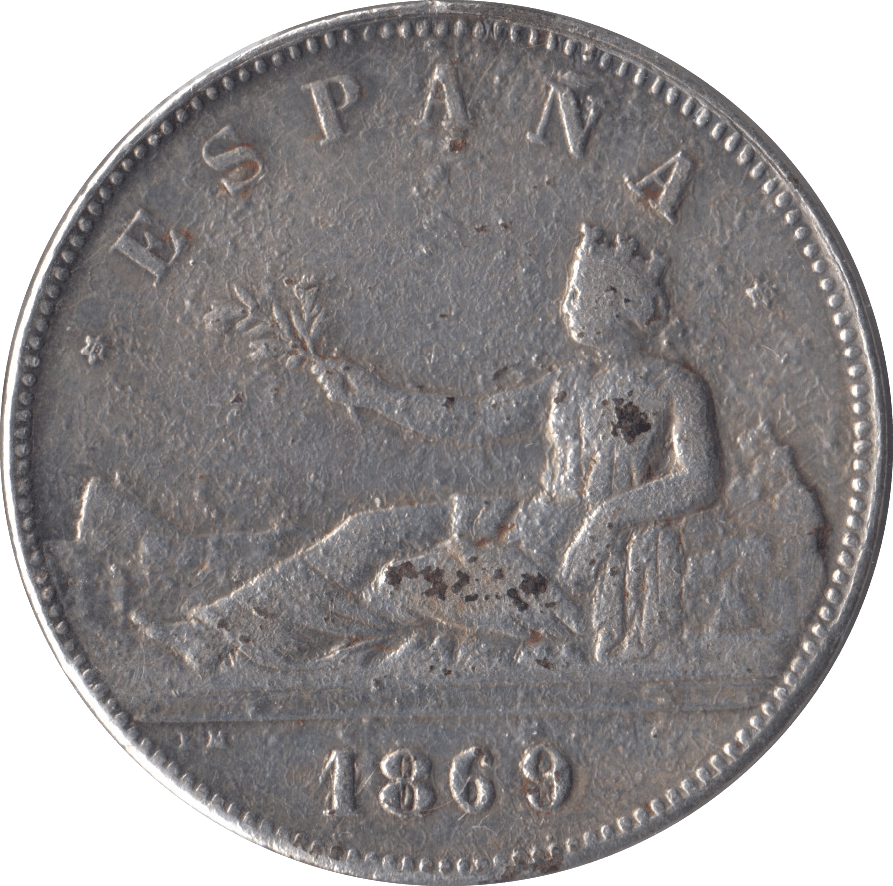 1869 SILVER SPAIN 5 PESETAS - SILVER WORLD COINS - Cambridgeshire Coins