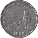 1869 SILVER SPAIN 5 PESETAS - SILVER WORLD COINS - Cambridgeshire Coins