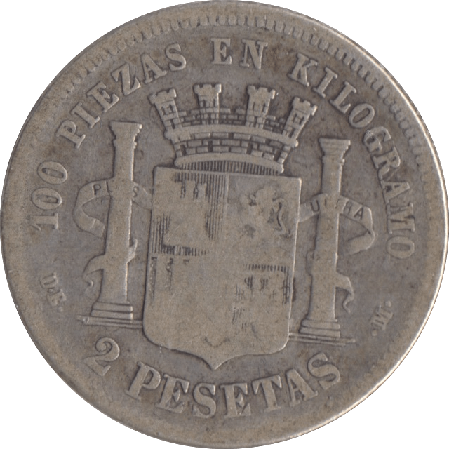 1870 SILVER 2 PESETAS SPAIN - SILVER WORLD COINS - Cambridgeshire Coins