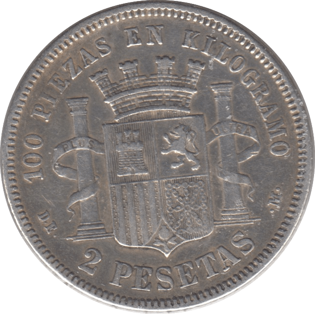1870 SILVER 2 PESETAS SPAIN - SILVER WORLD COINS - Cambridgeshire Coins