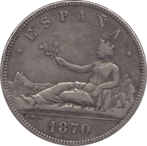1870 SILVER SPAIN 5 PESETAS - WORLD COINS - Cambridgeshire Coins