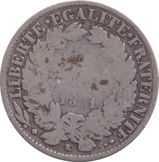 1871 SILVER 1 FRANC FRANCE - SILVER WORLD COINS - Cambridgeshire Coins