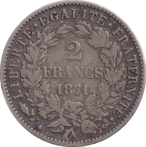 1871 SILVER 2 FRANCS FRANCE - SILVER WORLD COINS - Cambridgeshire Coins