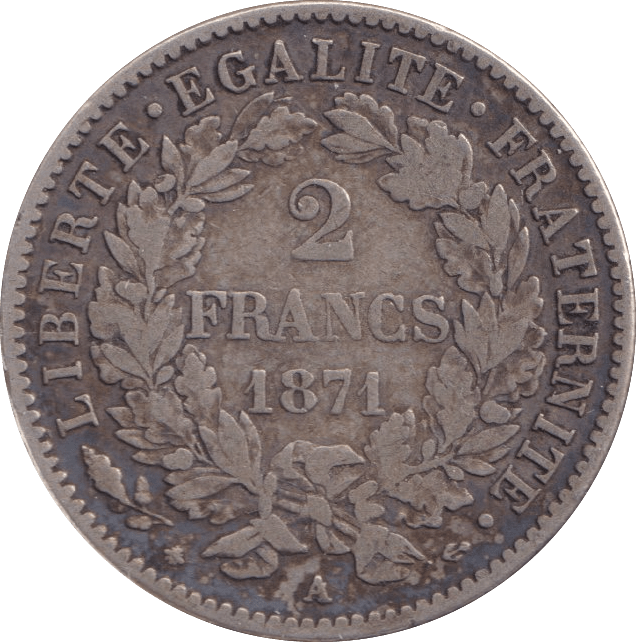 1871 SILVER 2 FRANCS FRANCE - SILVER WORLD COINS - Cambridgeshire Coins
