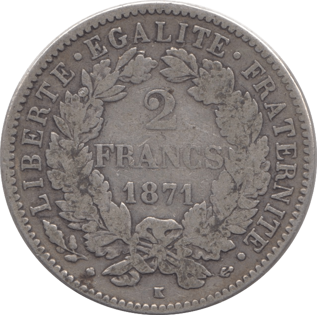 1871 SILVER 2 FRANCS FRANCE - SILVER WORLD COINS - Cambridgeshire Coins