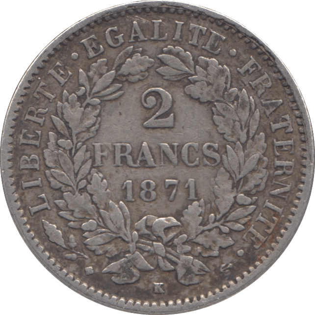 1871 SILVER FRANCE 2 FRANCS - SILVER WORLD COINS - Cambridgeshire Coins