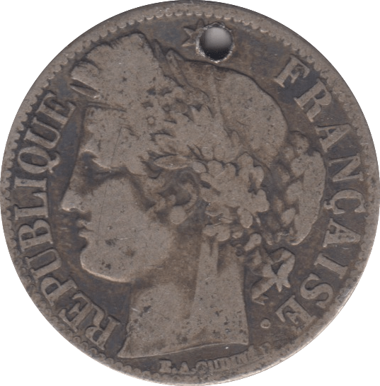 1872 HOLED SILVER ONE FRANC FRANCE - SILVER WORLD COINS - Cambridgeshire Coins