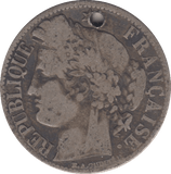 1872 HOLED SILVER ONE FRANC FRANCE - SILVER WORLD COINS - Cambridgeshire Coins