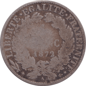 1872 SILVER 1 FRANCS FRANCE - SILVER WORLD COINS - Cambridgeshire Coins