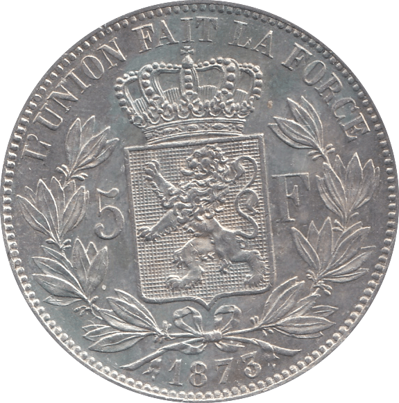 1873 SILVER BELGIUM 5 FRANCS VERY HIGH GRADE - SILVER WORLD COINS - Cambridgeshire Coins
