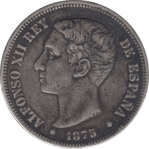 1875 SILVER 5 PESETAS SPAIN 1 - SILVER WORLD COINS - Cambridgeshire Coins