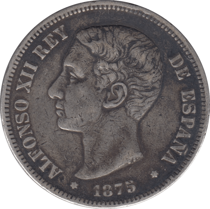 1875 SILVER 5 PESETAS SPAIN 1 - SILVER WORLD COINS - Cambridgeshire Coins