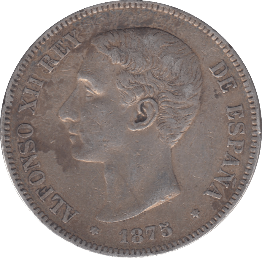 1875 SILVER 5 PESETAS SPAIN - SILVER WORLD COINS - Cambridgeshire Coins