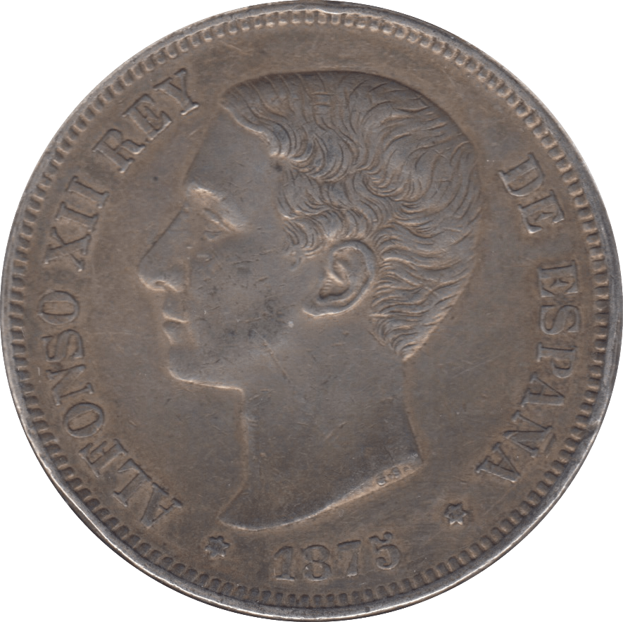 1875 SILVER 5 PESETAS SPAIN - SILVER WORLD COINS - Cambridgeshire Coins