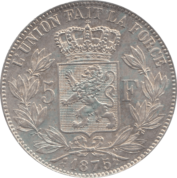 1875 SILVER BELGIUM 5 FRANC - SILVER WORLD COINS - Cambridgeshire Coins