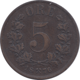 1876 5 ORE NORWAY - WORLD COINS - Cambridgeshire Coins