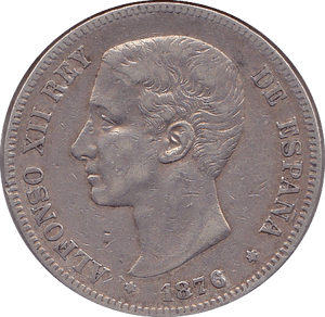 1876 SPAIN SILVER 5 PESETAS - SILVER WORLD COINS - Cambridgeshire Coins