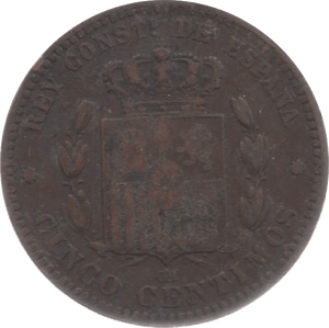 1877 5 CENTIMES SPAIN - WORLD COINS - Cambridgeshire Coins