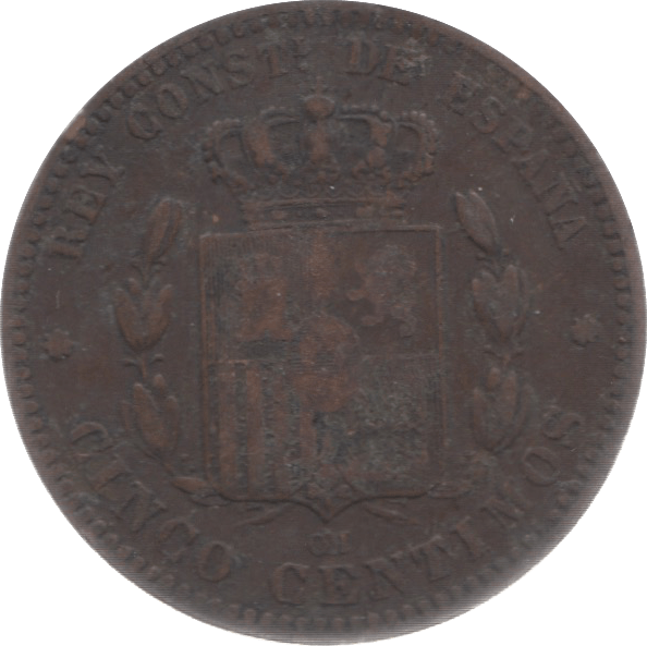 1877 5 CENTIMES SPAIN - WORLD COINS - Cambridgeshire Coins