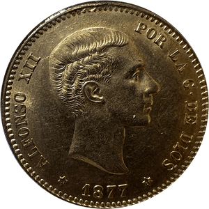 1877 GOLD 25 PESETAS SPAIN ( UNC ) - Gold World Coins - Cambridgeshire Coins