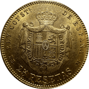 1877 GOLD 25 PESETAS SPAIN ( UNC ) - Gold World Coins - Cambridgeshire Coins