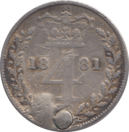 1881 MAUNDY FOURPENCE HOLED ( FAIR ) 16 - Maundy Coins - Cambridgeshire Coins