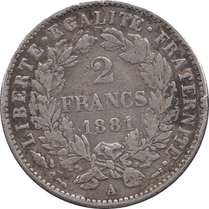 1881 SILVER 2 FRANCS MINT MARK A FRANCE REF H70 - SILVER WORLD COINS - Cambridgeshire Coins