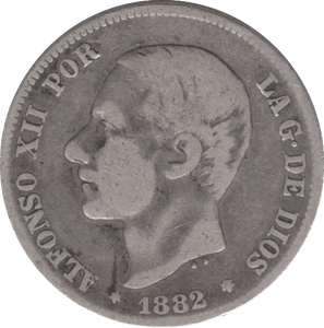 1882 SILVER SPAIN TWO PESETAS - SILVER WORLD COINS - Cambridgeshire Coins