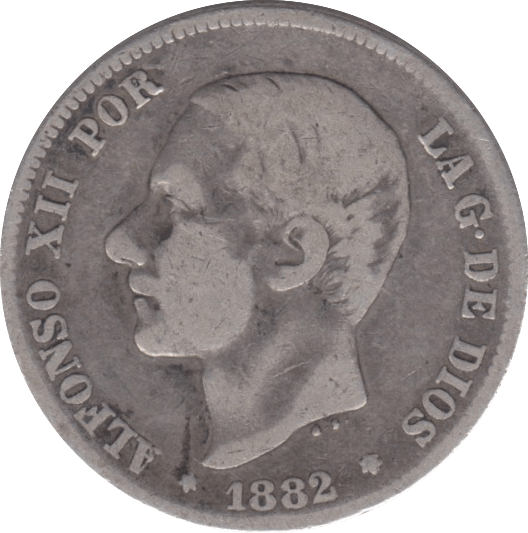 1882 SILVER SPAIN TWO PESETAS - SILVER WORLD COINS - Cambridgeshire Coins