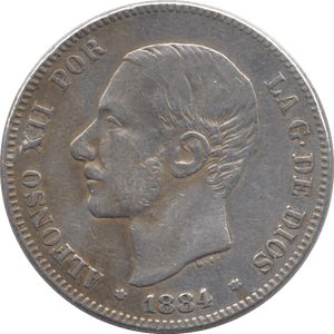 1884 SILVER 2 PESETAS SPAIN - SILVER WORLD COINS - Cambridgeshire Coins