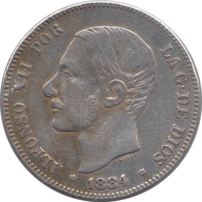 1884 SILVER 2 PESETAS SPAIN - SILVER WORLD COINS - Cambridgeshire Coins