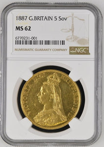 1887 GOLD PROOF 5 SOVEREIGN (NGC) MS62 - NGC GOLD PROOF COINS - Cambridgeshire Coins