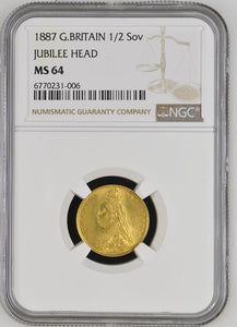 1887 GOLD PROOF JUBILEE HEAD 1/2 SOVEREIGN (NGC) MS64 - NGC GOLD PROOF COINS - Cambridgeshire Coins