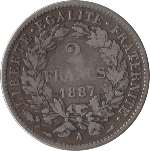 1887 SILVER FRANCE TWO FRANCS - WORLD COINS - Cambridgeshire Coins